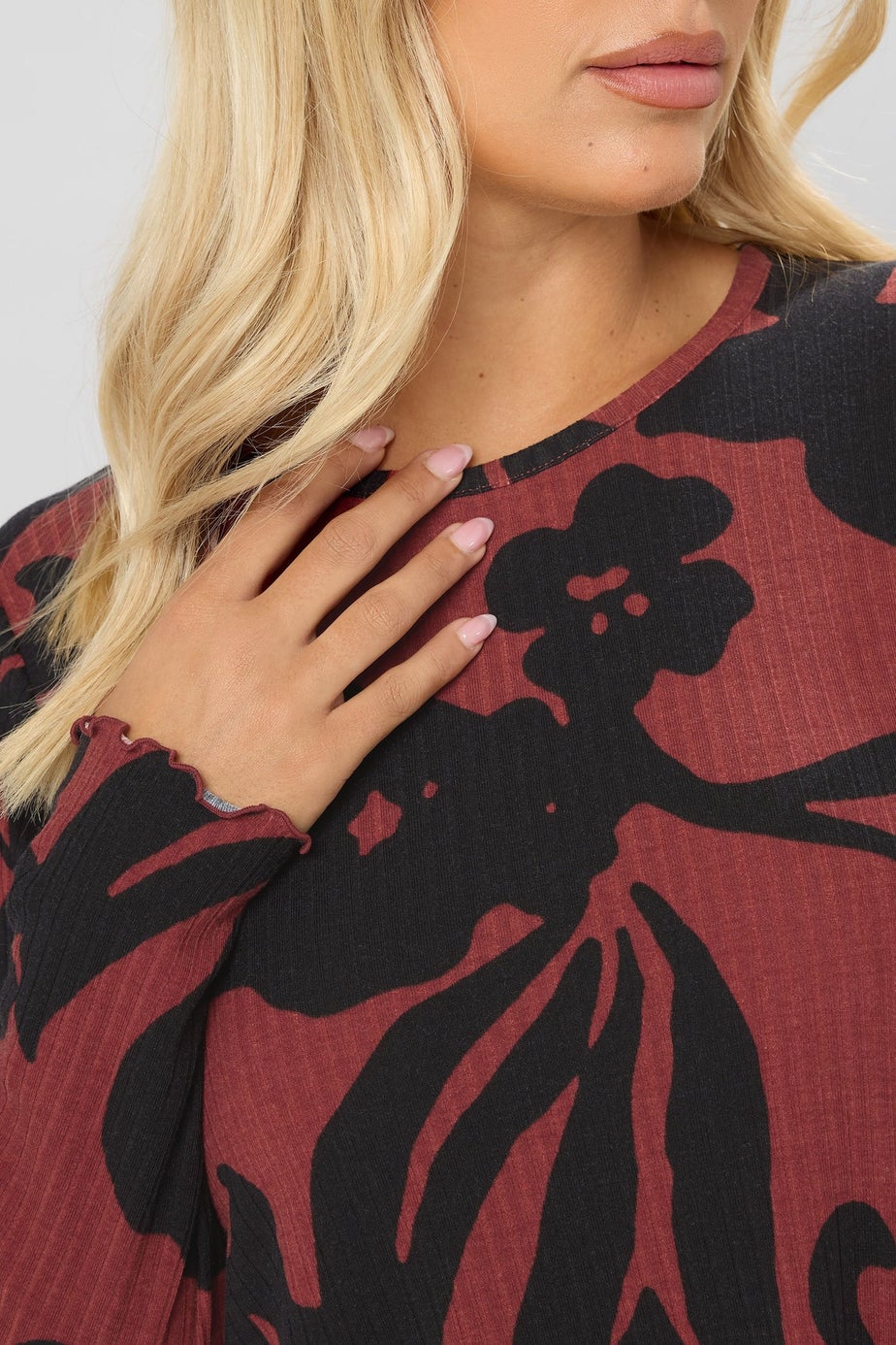 Yours Curve Red Abstract Floral Ribbed Tunic Top