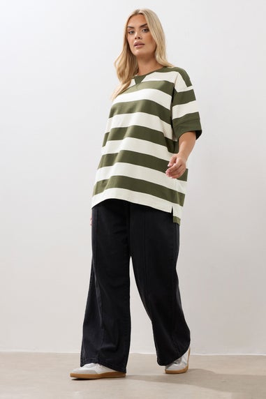 Yours Curve Khaki Green Stripe Heavyweight T-Shirt