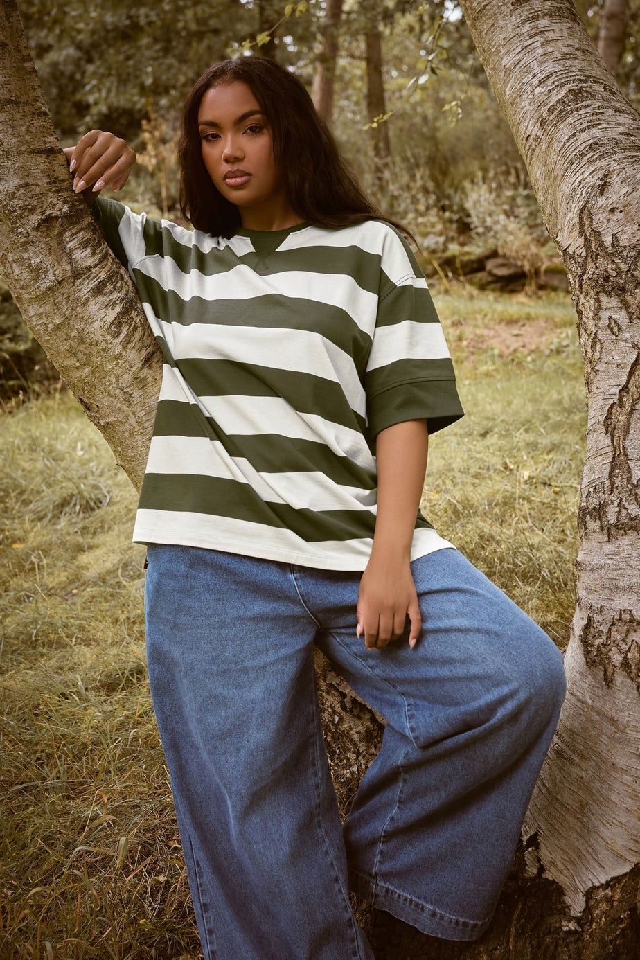 Yours Curve Khaki Green Stripe Heavyweight T-Shirt