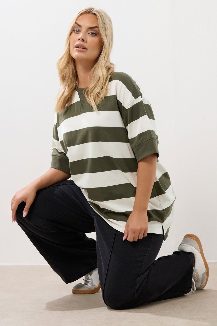 Yours Curve Khaki Green Stripe Heavyweight T-Shirt