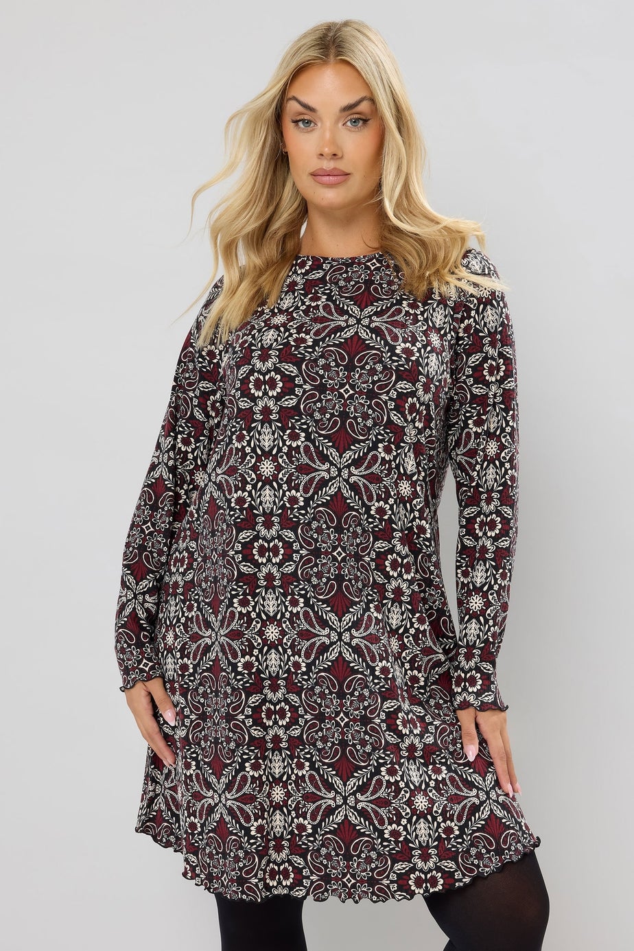 Yours Curve Brown Paisley Print Ribbed Tunic Top