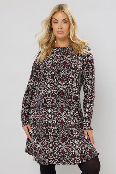Yours Curve Brown Paisley Print Ribbed Tunic Top
