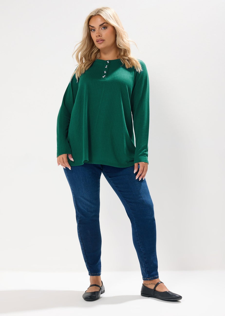 Yours Curve Forest Green Henley Swing Top