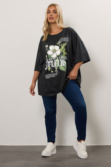 Yours Curve Black 'La Botanique Fleurs' Floral Boxy Graphic T-Shirt