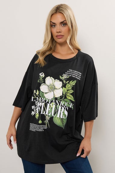 Yours Curve Black 'La Botanique Fleurs' Floral Boxy Graphic T-Shirt