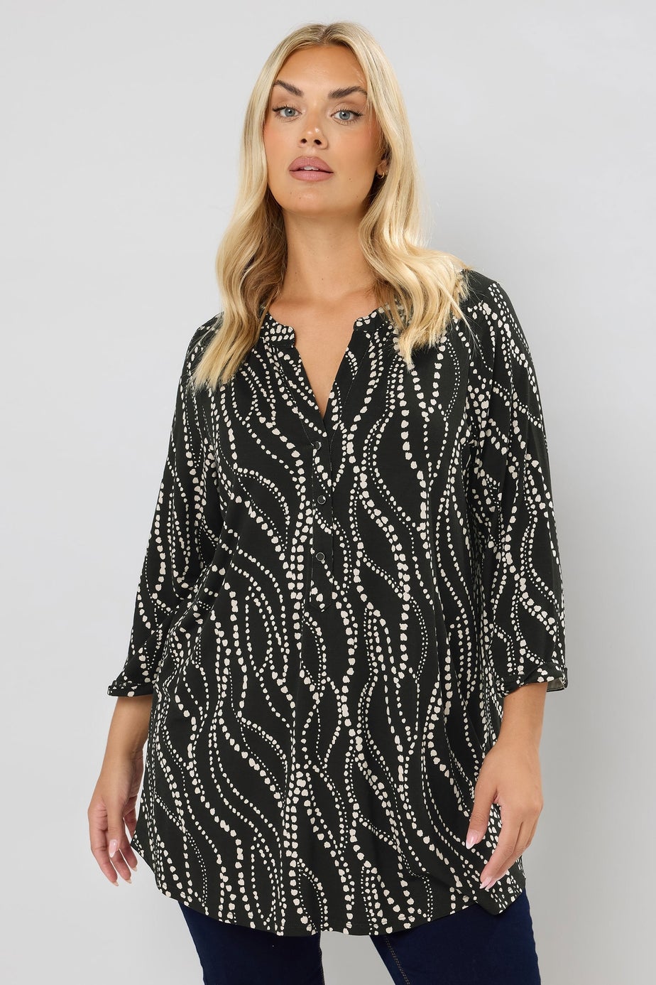 Yours Curve Black Spot Print Half Placket Shirt