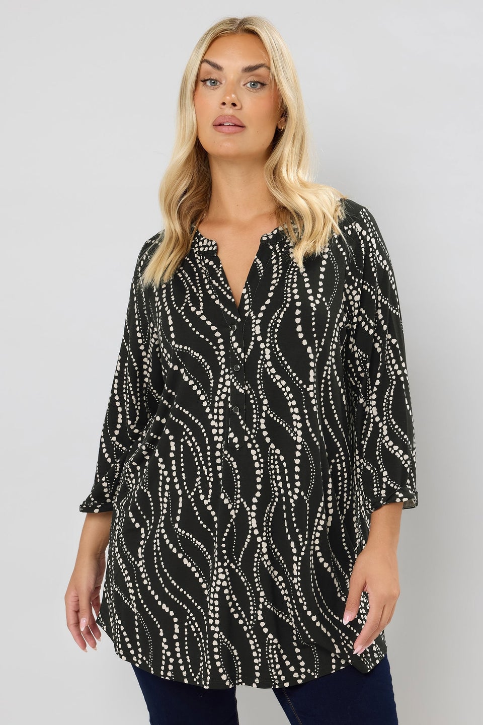 Yours Curve Black Spot Print Half Placket Shirt