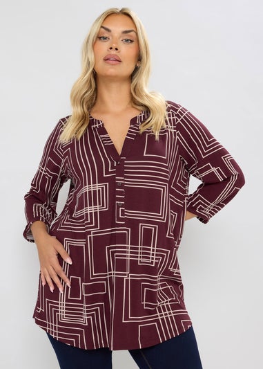 Yours Curve Burgundy Red Abstract Half Placket Shirt