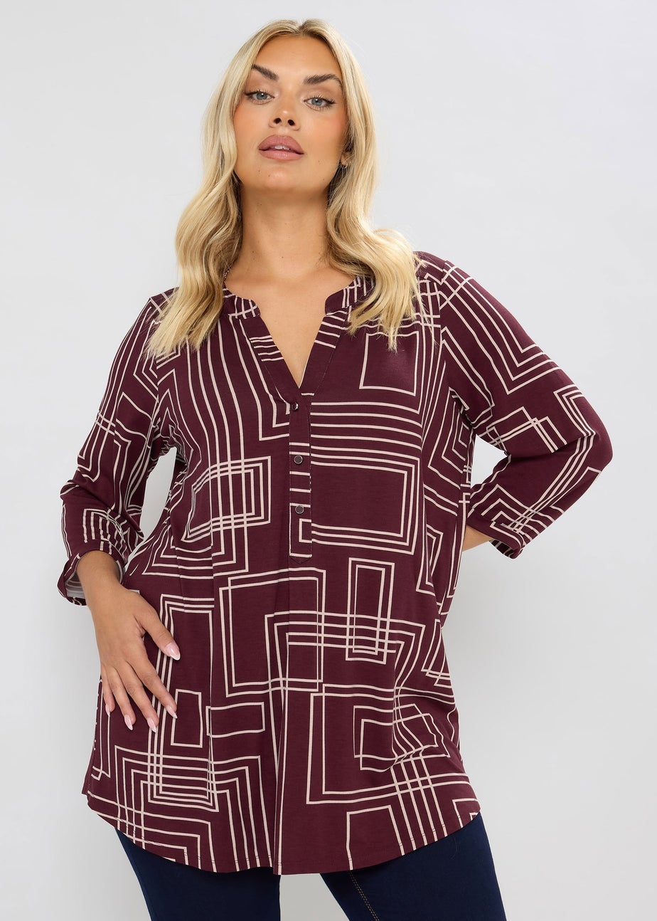 Yours Curve Burgundy Red Abstract Half Placket Shirt