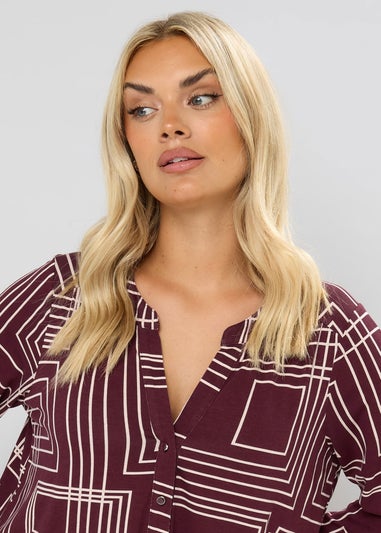 Yours Curve Burgundy Red Abstract Half Placket Shirt