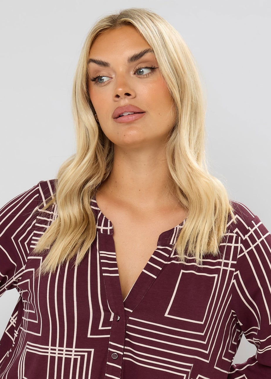 Yours Curve Burgundy Red Abstract Half Placket Shirt