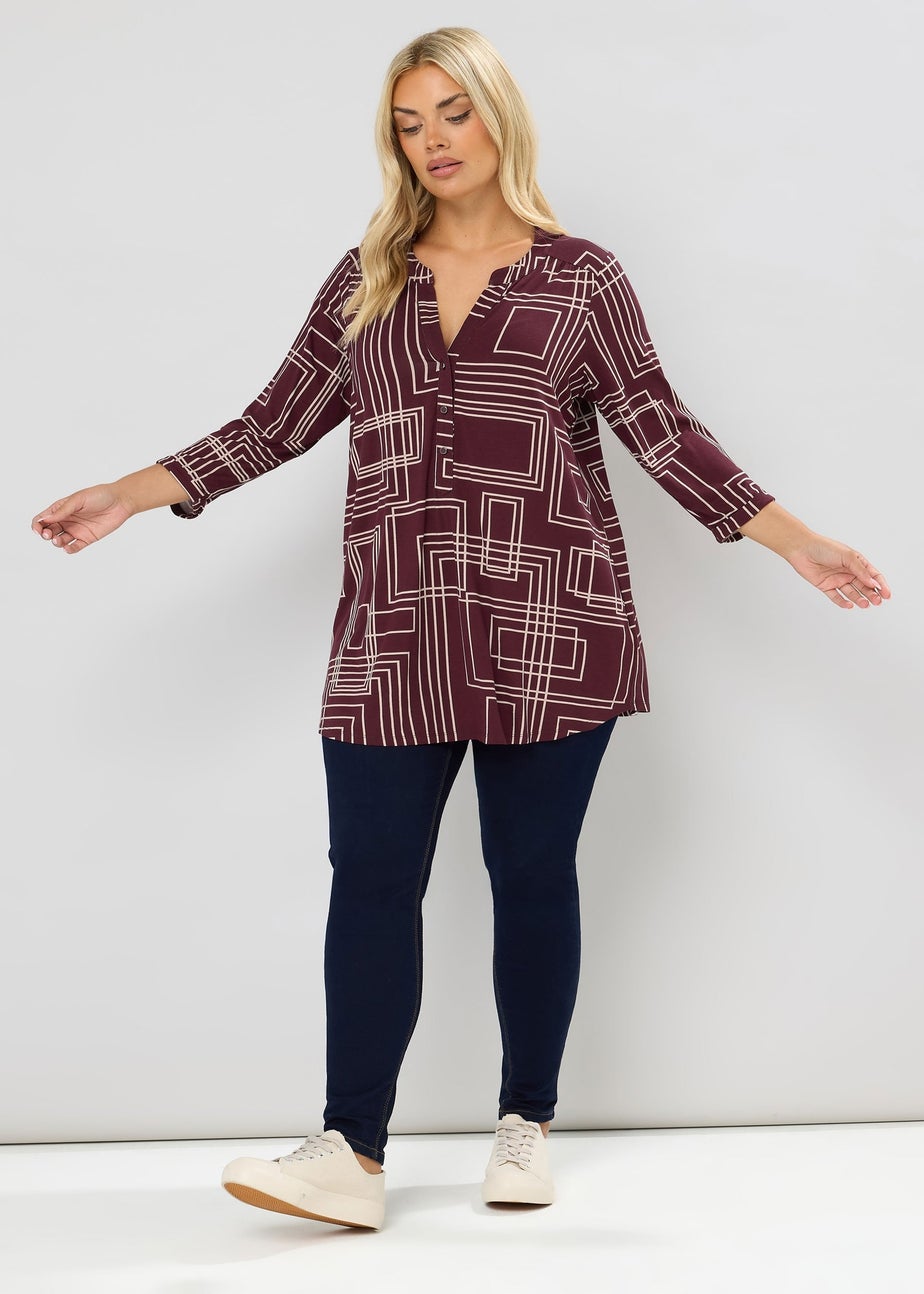 Yours Curve Burgundy Red Abstract Half Placket Shirt