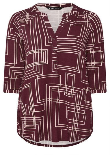 Yours Curve Burgundy Red Abstract Half Placket Shirt