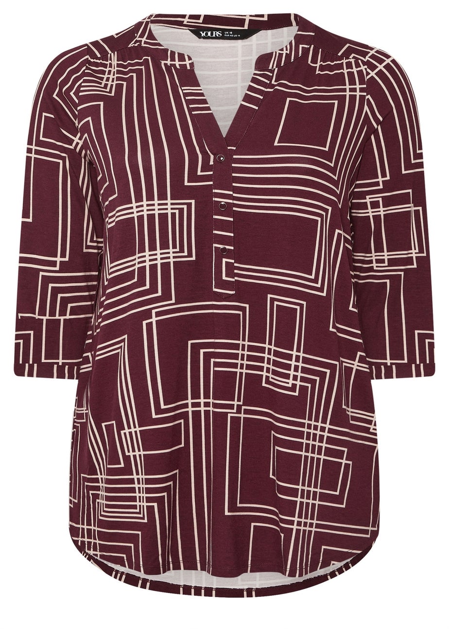 Yours Curve Burgundy Red Abstract Half Placket Shirt