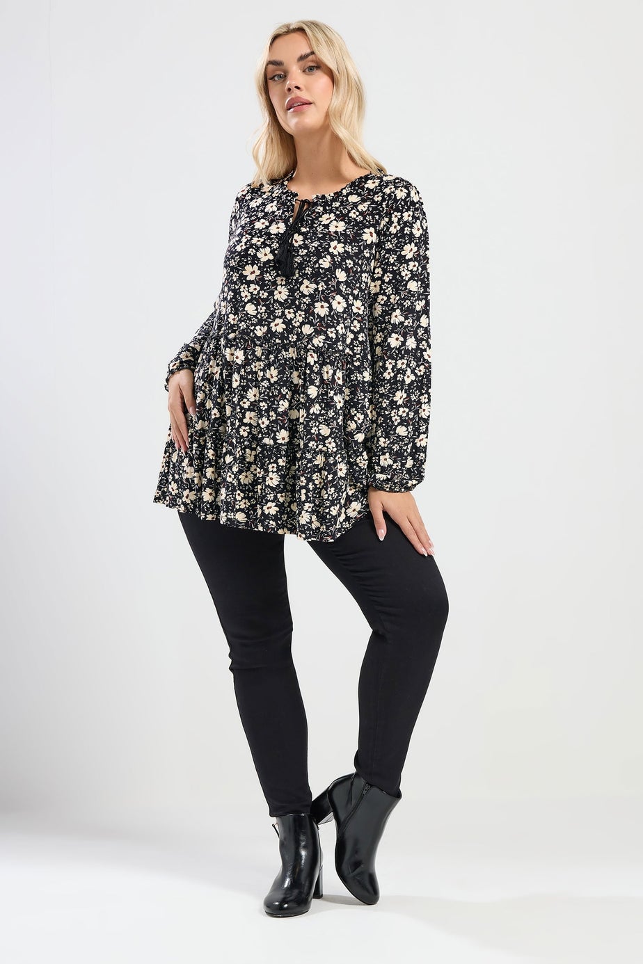 Yours Curve Black Floral Tie Neck Tiered Blouse