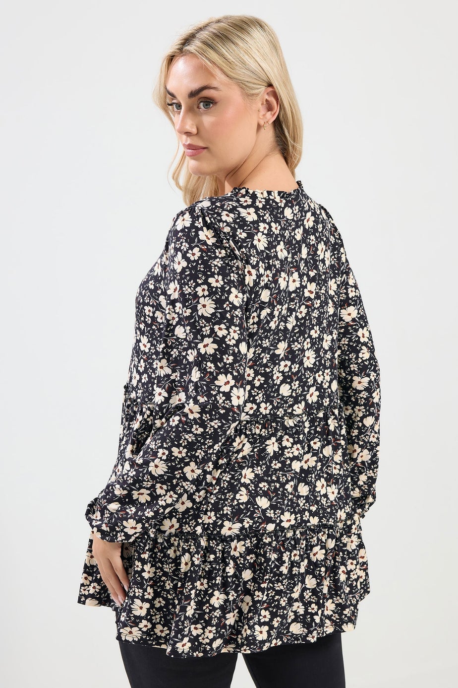 Yours Curve Black Floral Tie Neck Tiered Blouse
