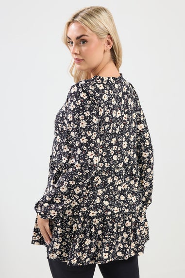Yours Curve Black Floral Tie Neck Tiered Blouse