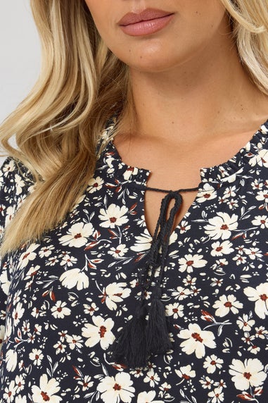 Yours Curve Black Floral Tie Neck Tiered Blouse