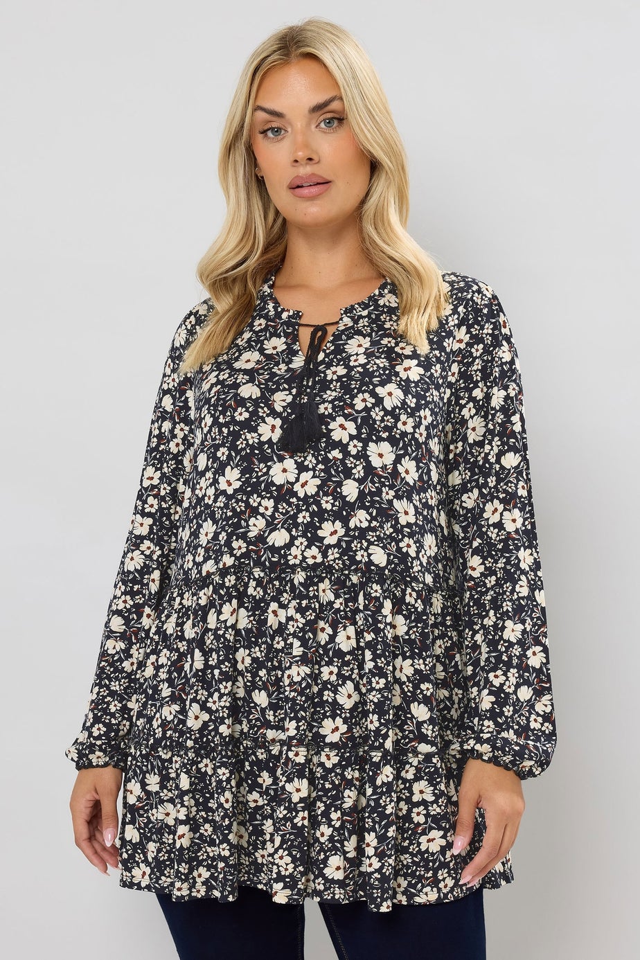 Yours Curve Black Floral Tie Neck Tiered Blouse