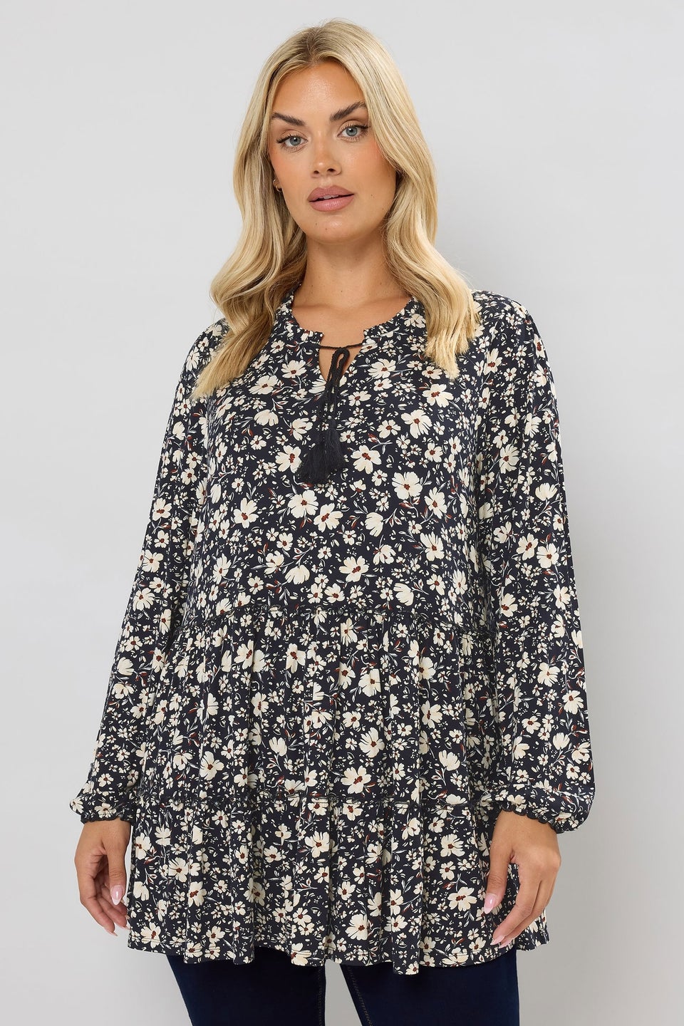 Yours Curve Black Floral Tie Neck Tiered Blouse