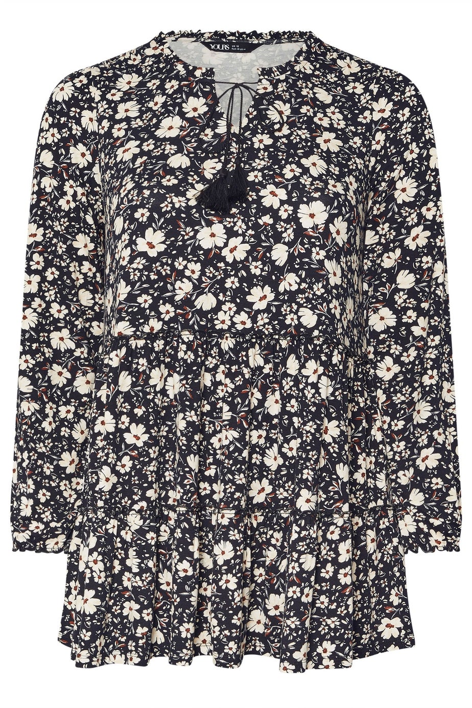 Yours Curve Black Floral Tie Neck Tiered Blouse