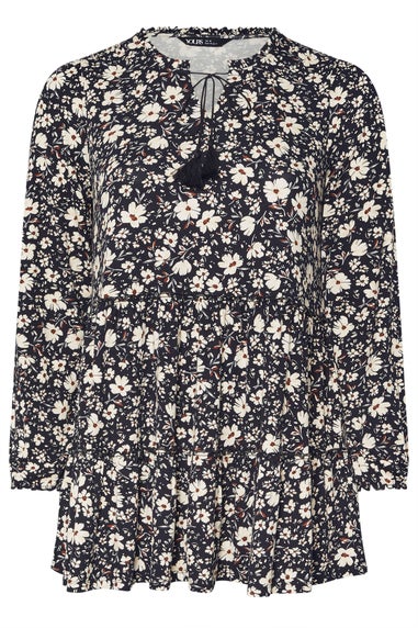 Yours Curve Black Floral Tie Neck Tiered Blouse