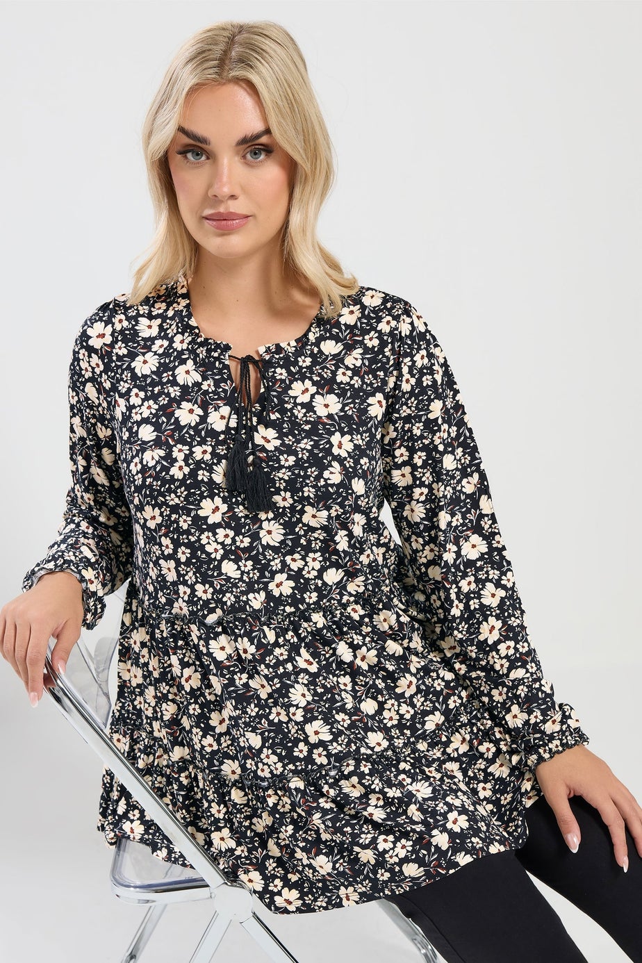 Yours Curve Black Floral Tie Neck Tiered Blouse