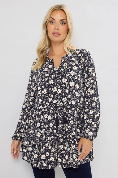 Yours Curve Black Floral Tie Neck Tiered Blouse