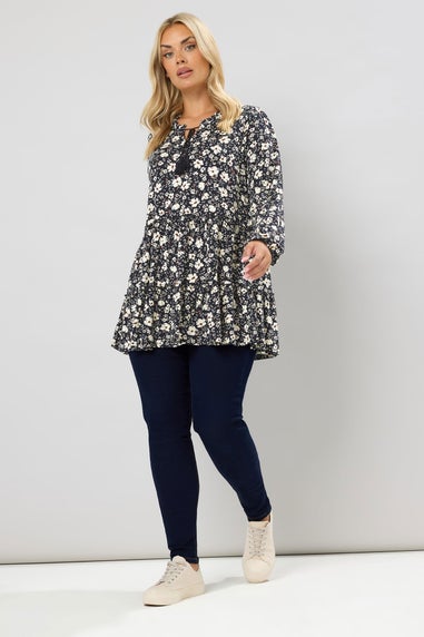 Yours Curve Black Floral Tie Neck Tiered Blouse