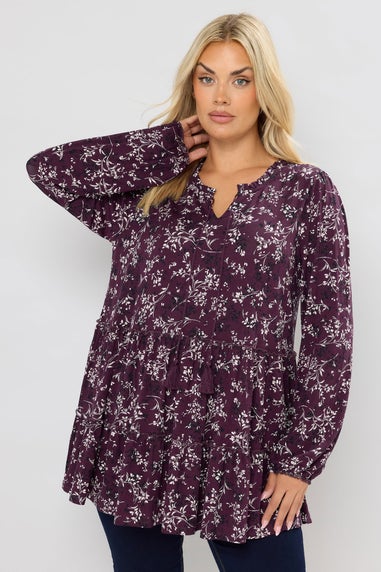 Yours Curve Purple Floral Tie Neck Tiered Blouse