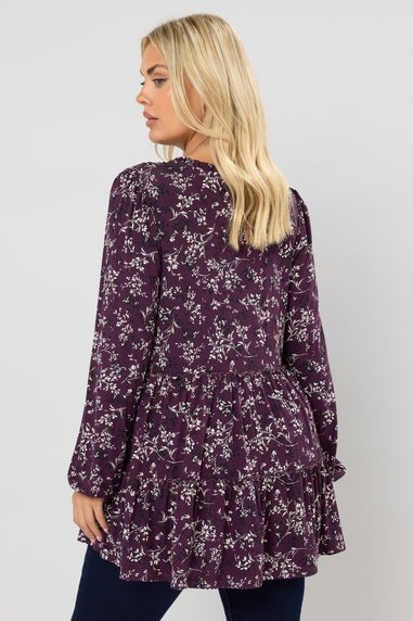 Yours Curve Purple Floral Tie Neck Tiered Blouse