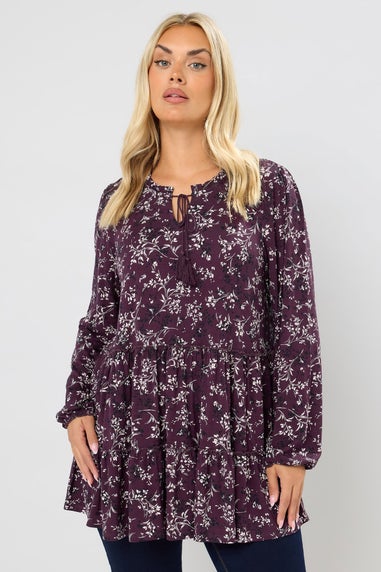 Yours Curve Purple Floral Tie Neck Tiered Blouse