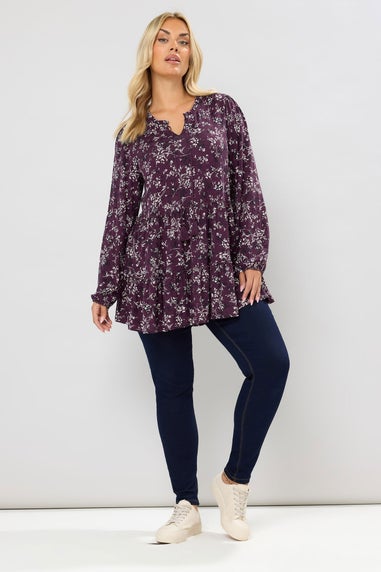 Yours Curve Purple Floral Tie Neck Tiered Blouse