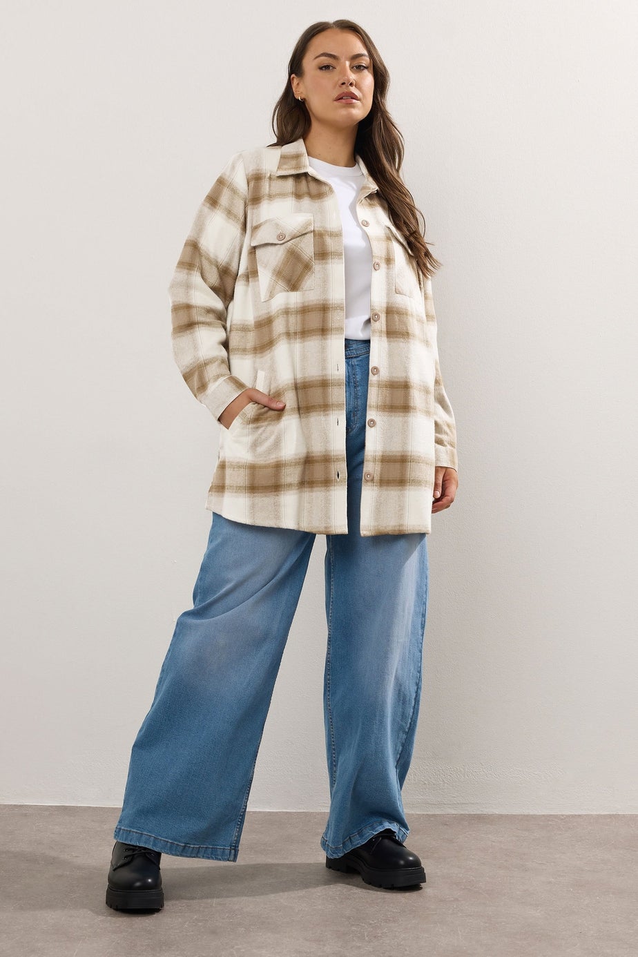 Yours Curve Natural Brown Check Shacket