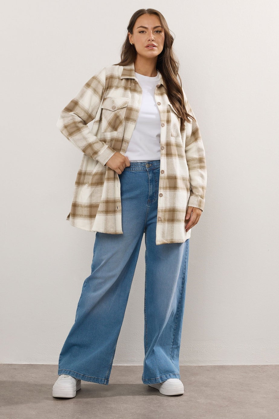 Yours Curve Natural Brown Check Shacket