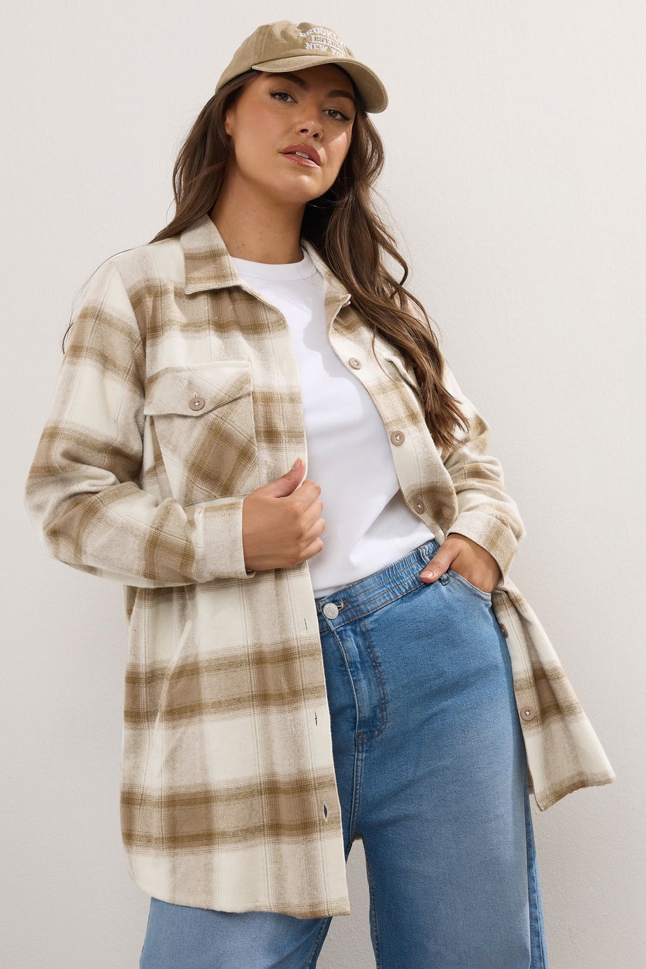 Yours Curve Natural Brown Check Shacket