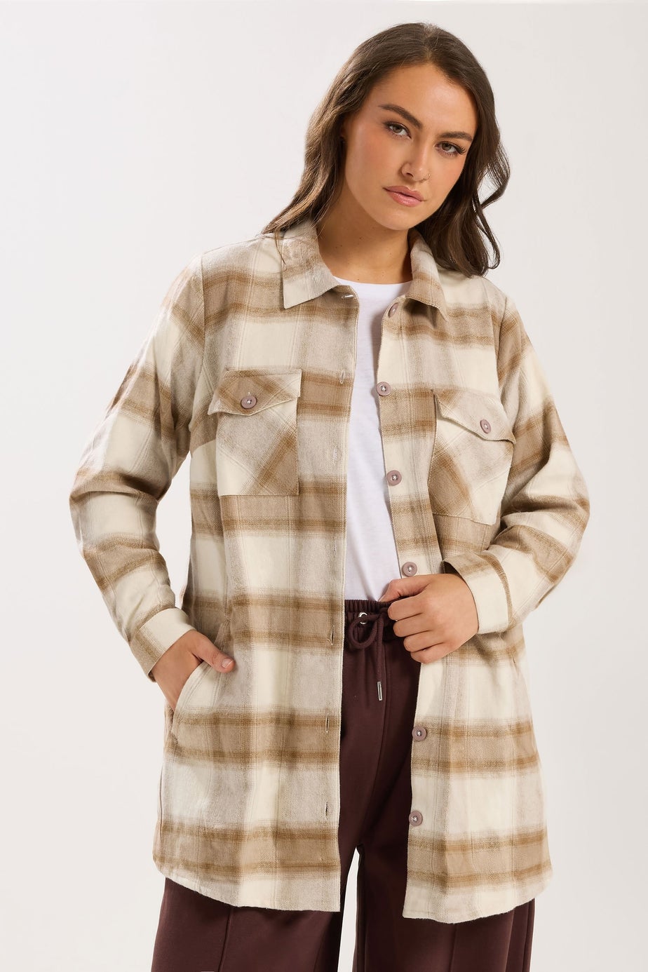 Yours Curve Natural Brown Check Shacket