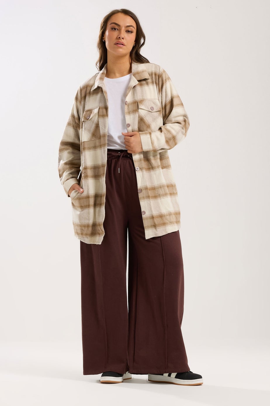 Yours Curve Natural Brown Check Shacket