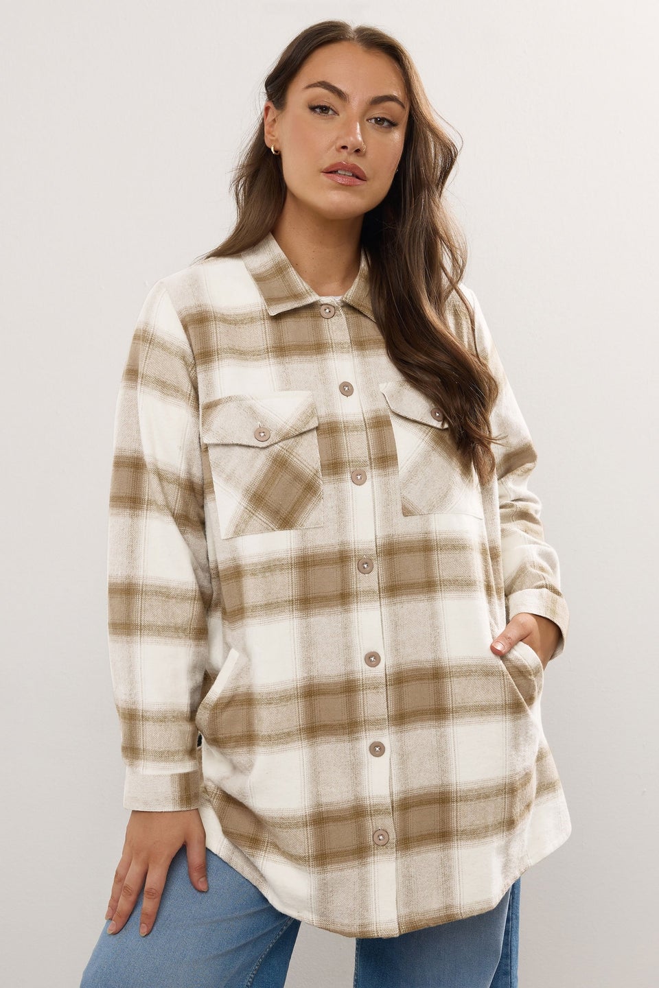 Yours Curve Natural Brown Check Shacket