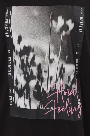 Yours Curve Black 'Floral Feeling' Oversized T-Shirt