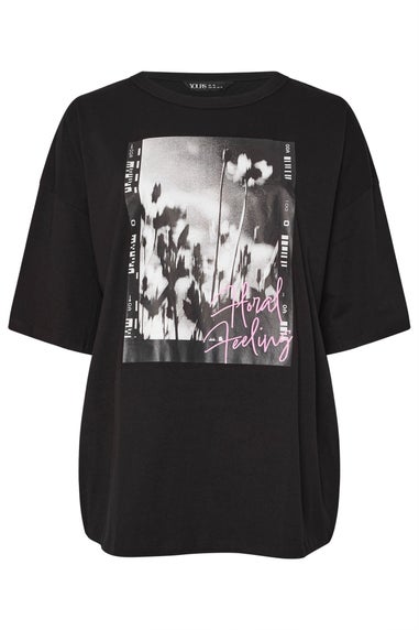 Yours Curve Black 'Floral Feeling' Oversized T-Shirt