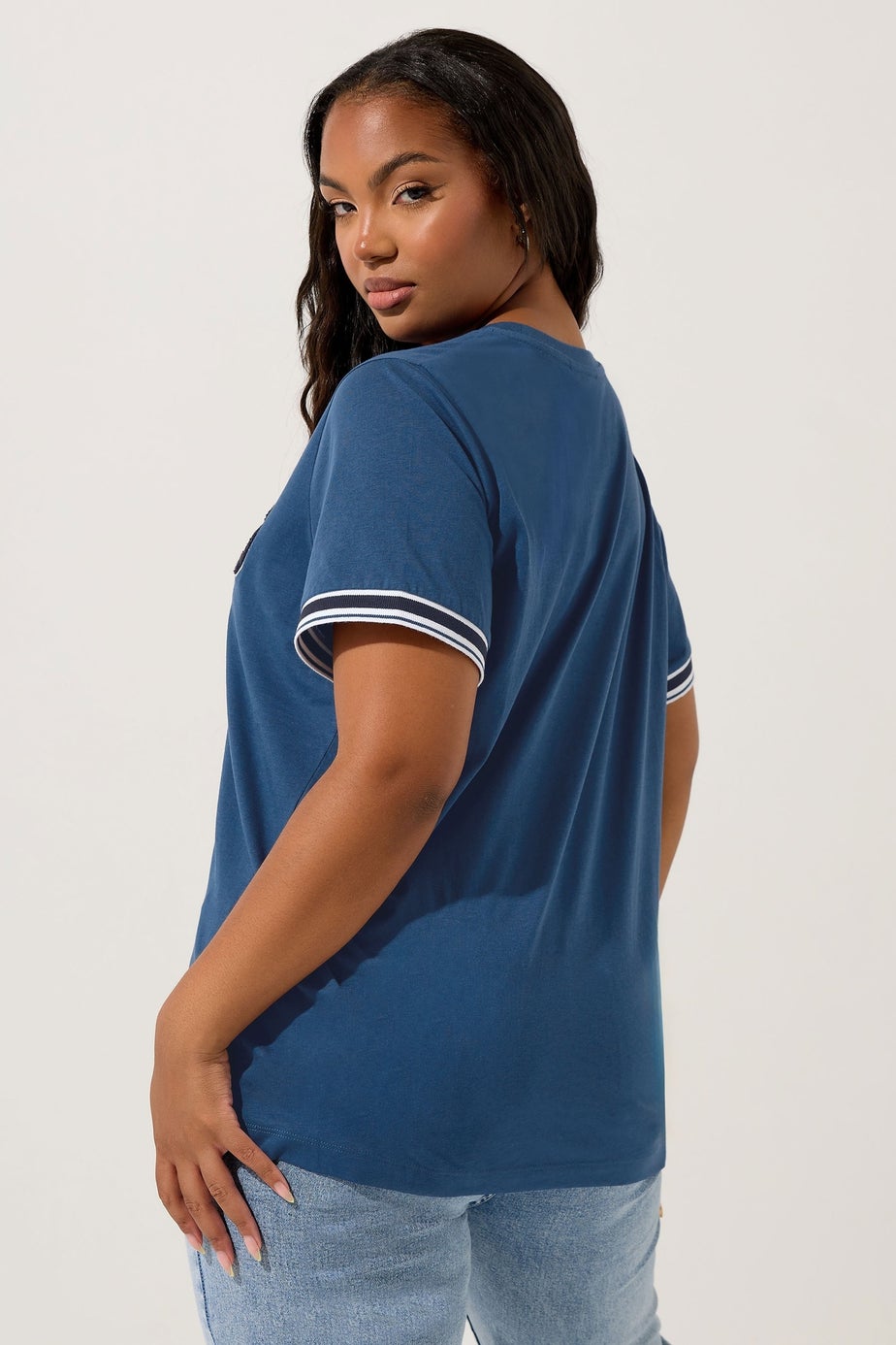 Yours Curve Blue '86' Varsity Trim T-Shirt