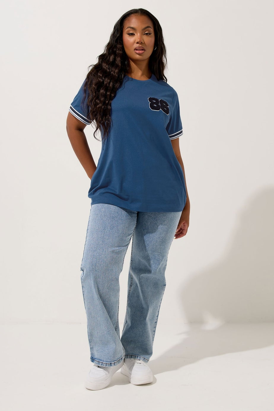 Yours Curve Blue '86' Varsity Trim T-Shirt