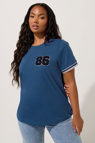 Yours Curve Blue '86' Varsity Trim T-Shirt