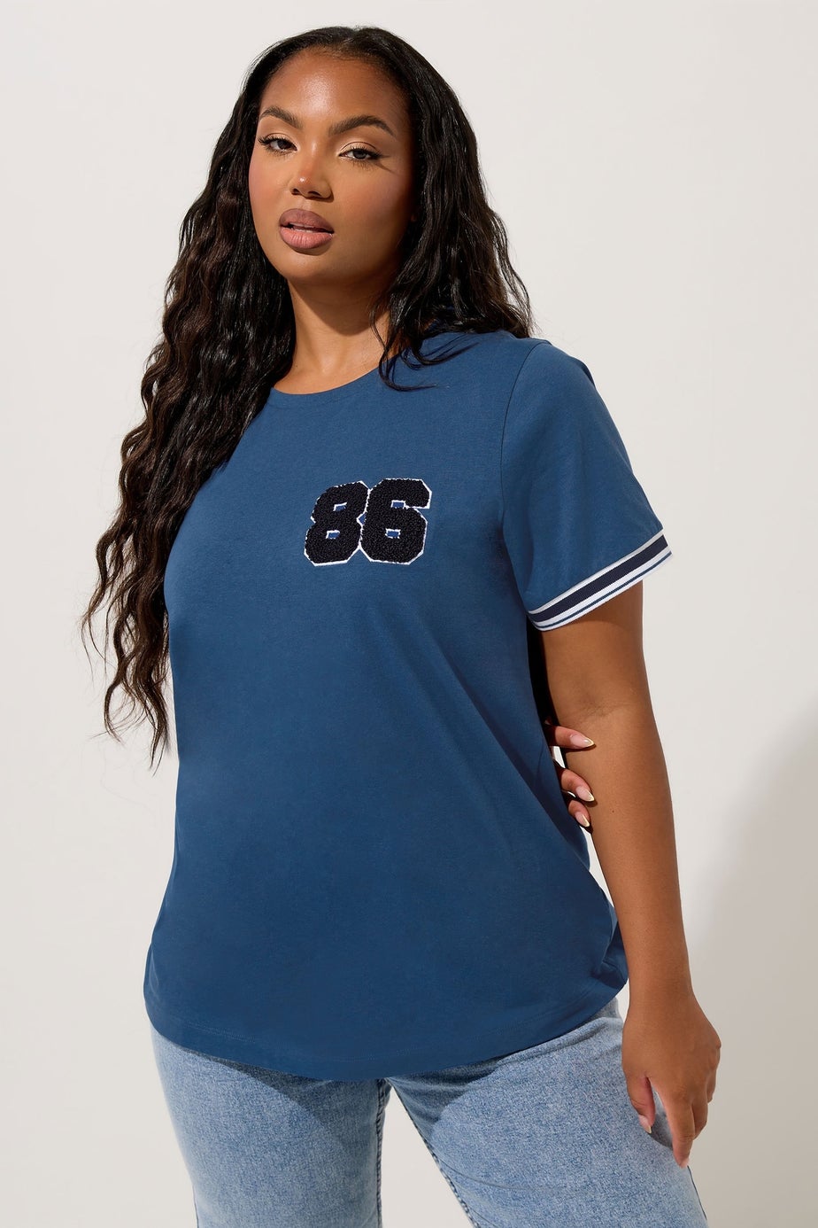 Yours Curve Blue '86' Varsity Trim T-Shirt