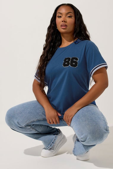 Yours Curve Blue '86' Varsity Trim T-Shirt