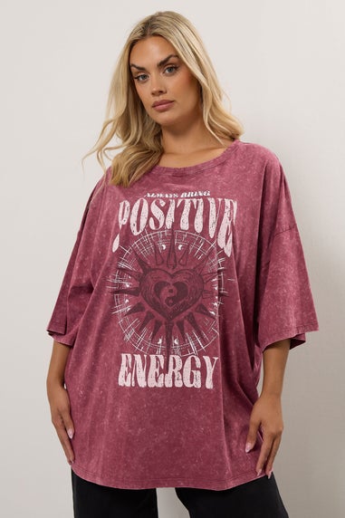 Yours Curve Pink Acid Wash 'Positive Energy' Oversized T-Shirt