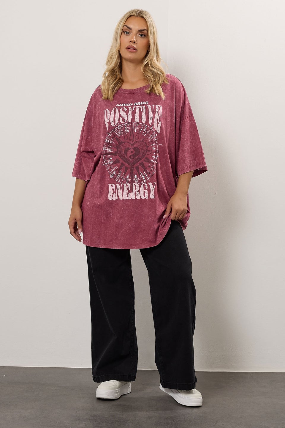 Yours Curve Pink Acid Wash 'Positive Energy' Oversized T-Shirt