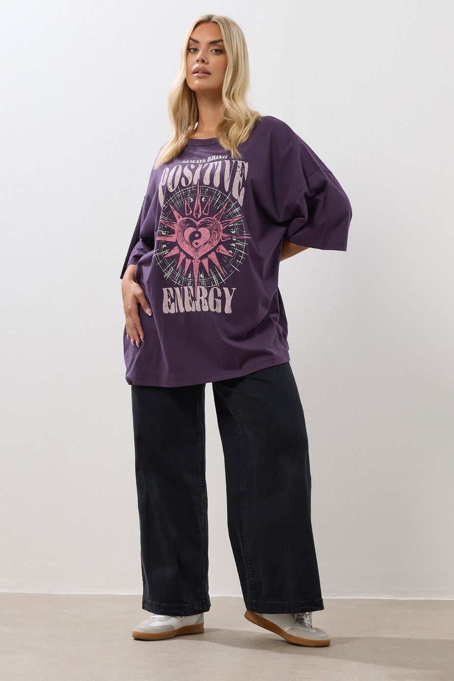 Yours Curve Purple Acid Wash 'Positive Energy' Oversized T-Shirt