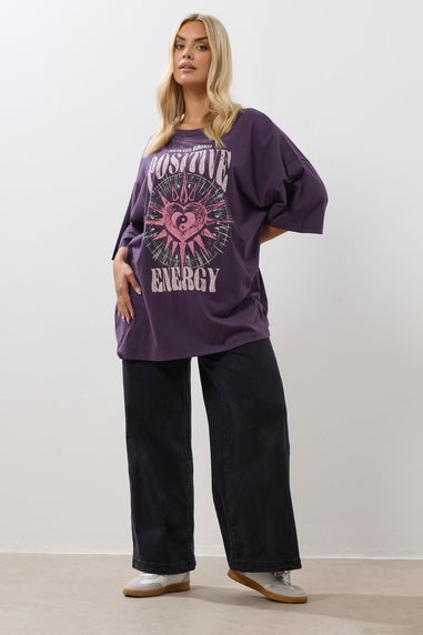 Yours Curve Purple Acid Wash 'Positive Energy' Oversized T-Shirt